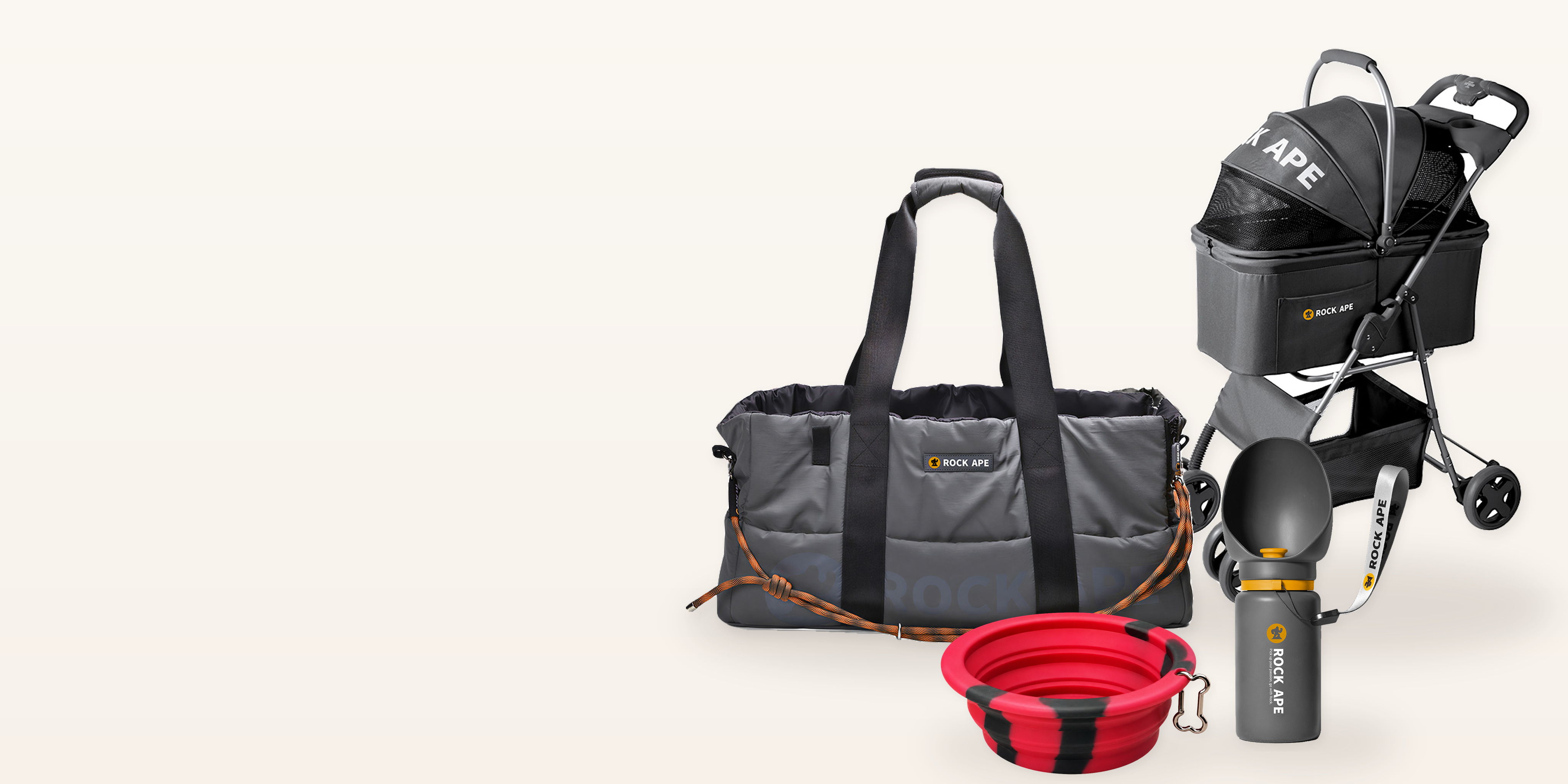 Rock Ape Explorer Tote, pet stroller, city water bottle, and red foldable bowl arranged on the right of a warm studio background