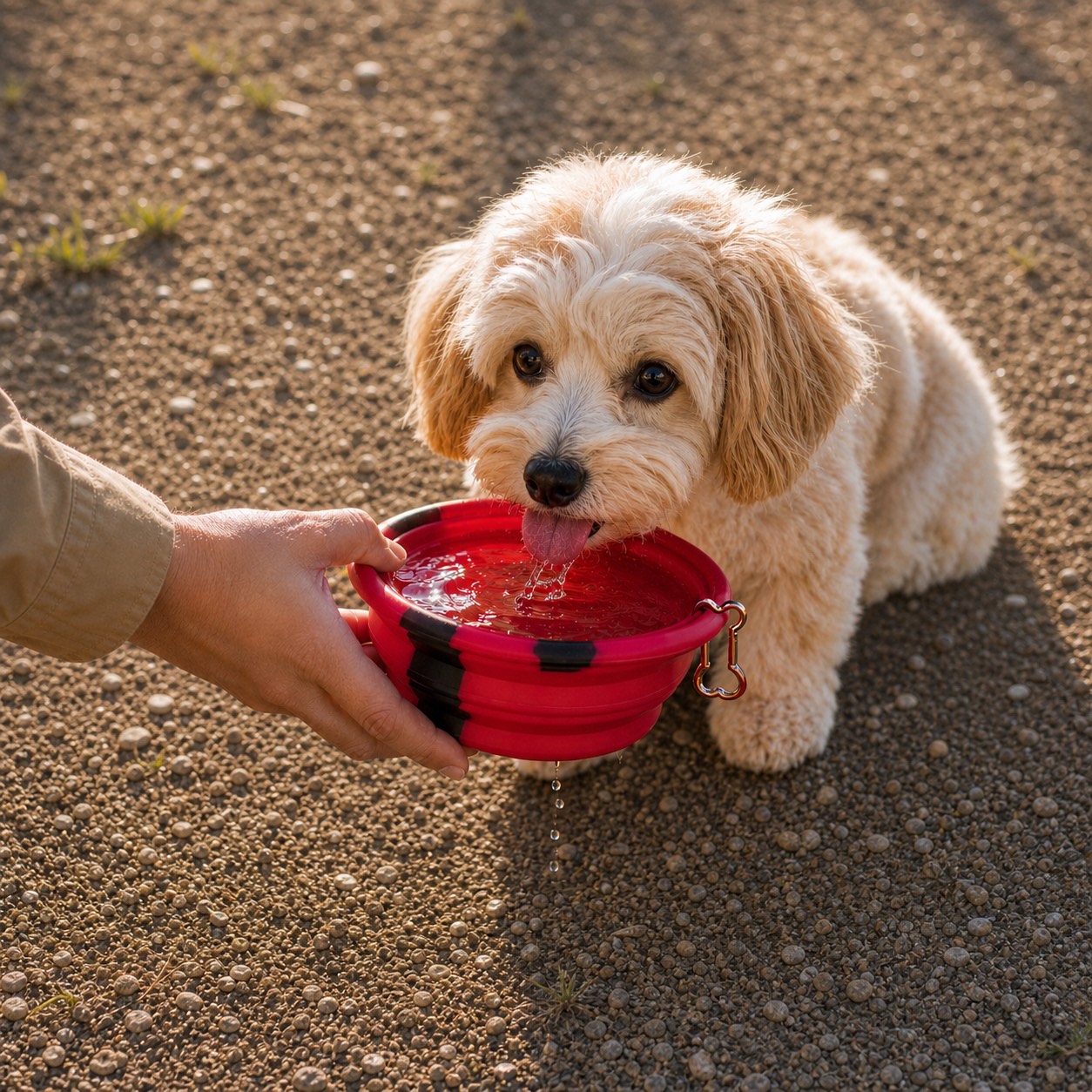 Dog drinking from the red Rock Ape foldable bowl