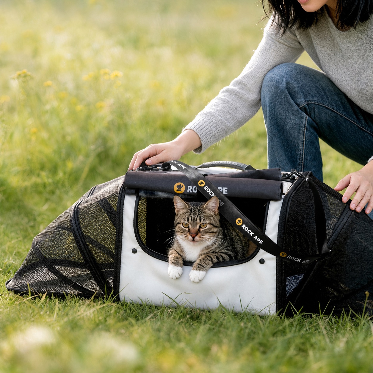 Cat resting inside the ventilated Rock Ape pet carrier outdoors
