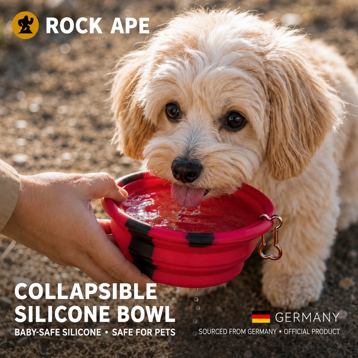 Dog drinking from the red-and-black Rock Ape collapsible silicone bowl
