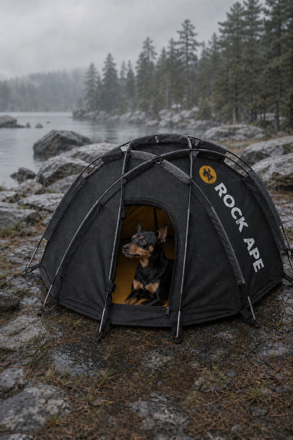 Dog sheltering inside the weather-ready Rock Ape pet tent at a rainy lakeside camp